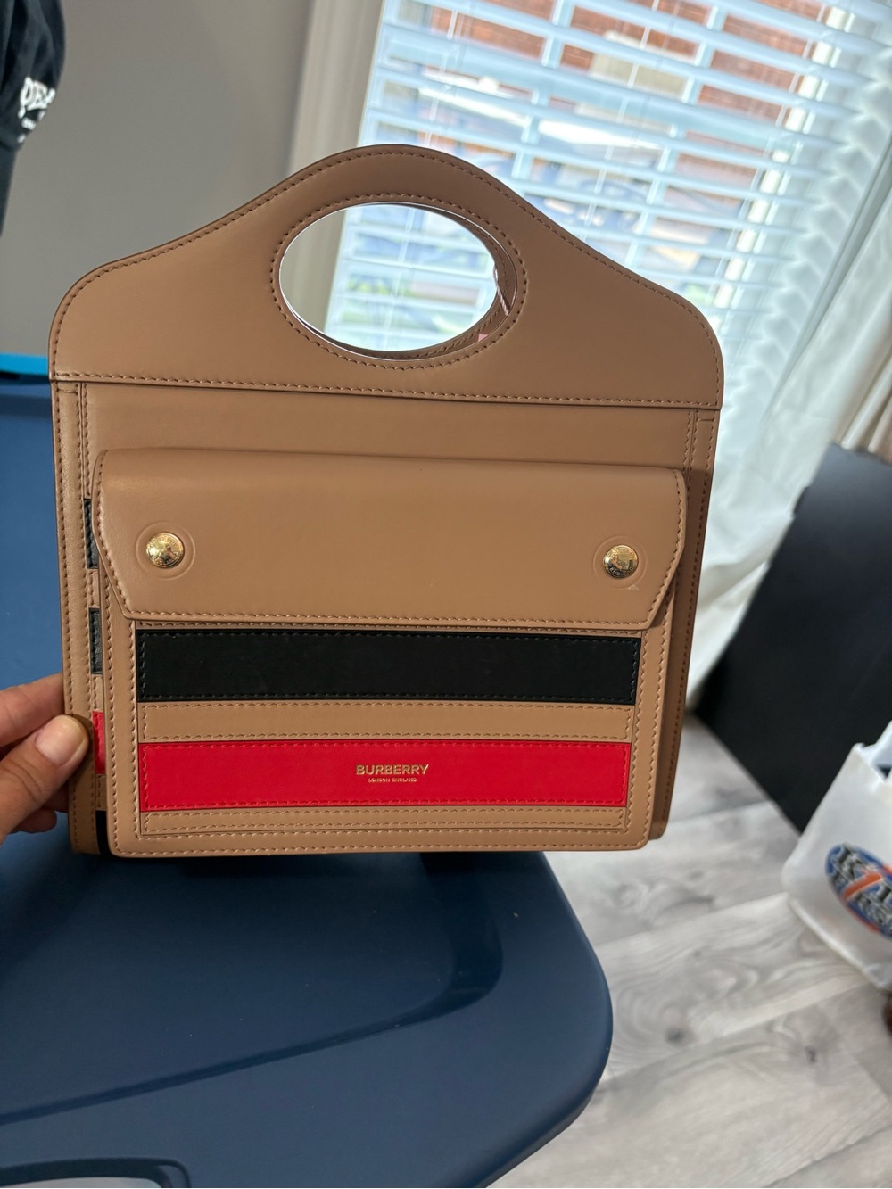 BURBERRY Leather Icon Stripe Mini Pocket Bag Camel Tan EUC